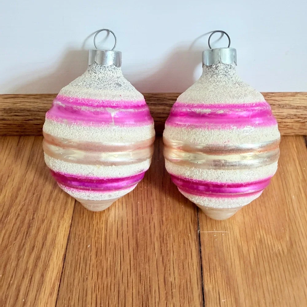 George Franke Pair Christmas Ornaments Beehive Pink Striped Mica USA MCM 1950's